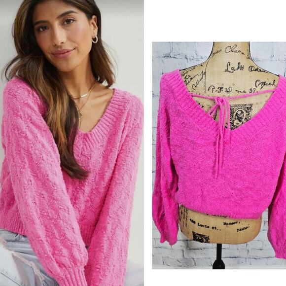 The cone sweater top Sz M pink long balloon sleeve v neck and back A20 - Picture 1 of 4